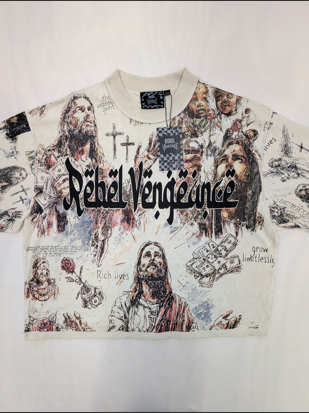 Rebel Vengeance Jesus Religious Graphic Beige Short Sleeve T-Shirt SIZE L
